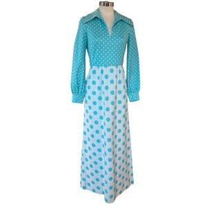 Vintage Aqua Blue Polka Dot Long Sleeve Maxi Dress from Maltados 10 fits S best